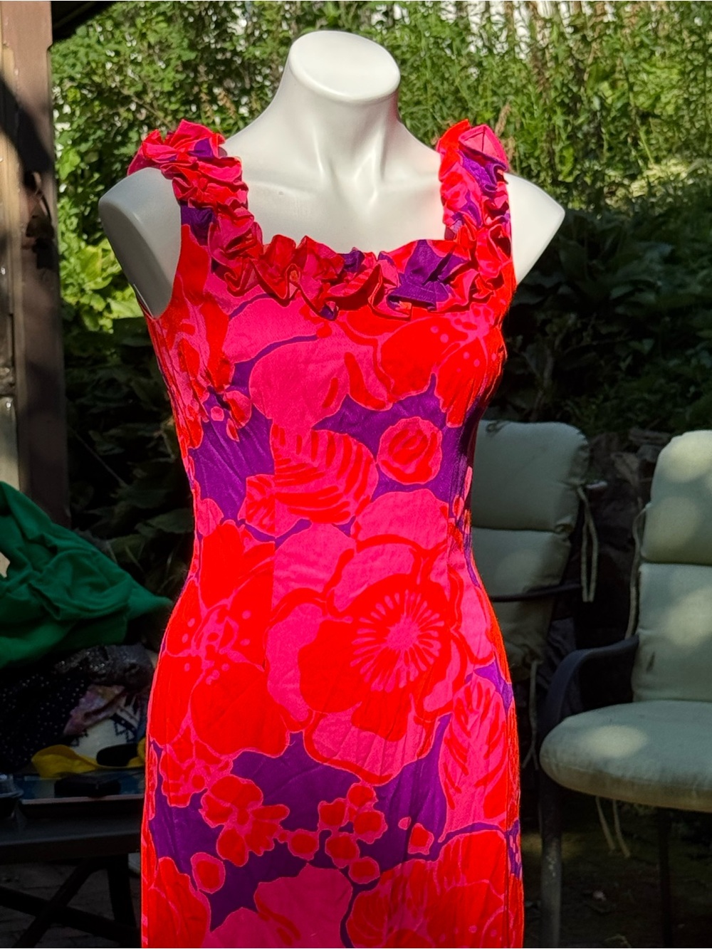 Vintage Hot Pink Orange Purple Ruffled Hawaiian Halter Dress Slit Cruise Luau
